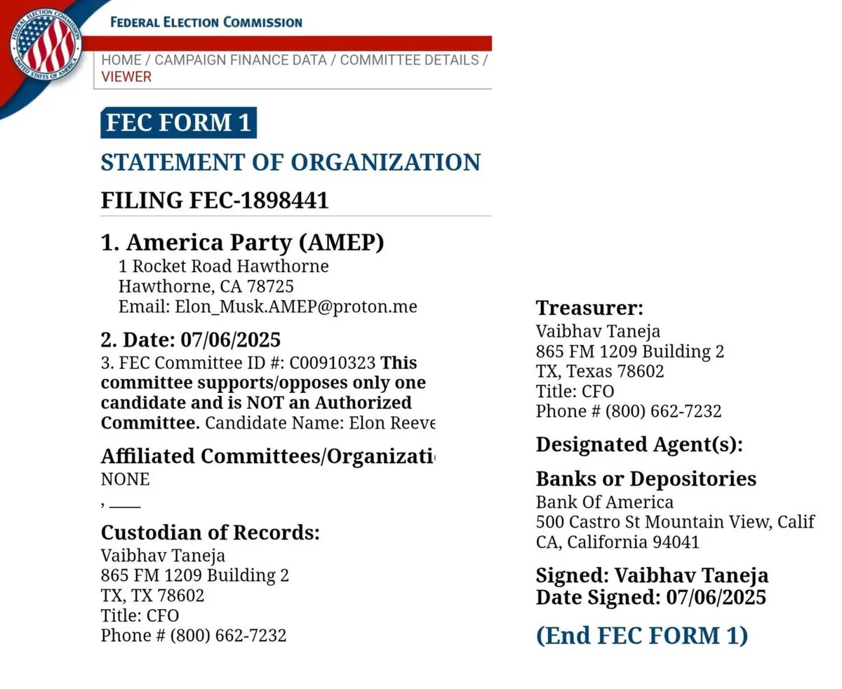 马斯克提交“美国党”组织声明至FEC 马斯克提交“美国党”组织声明至FEC