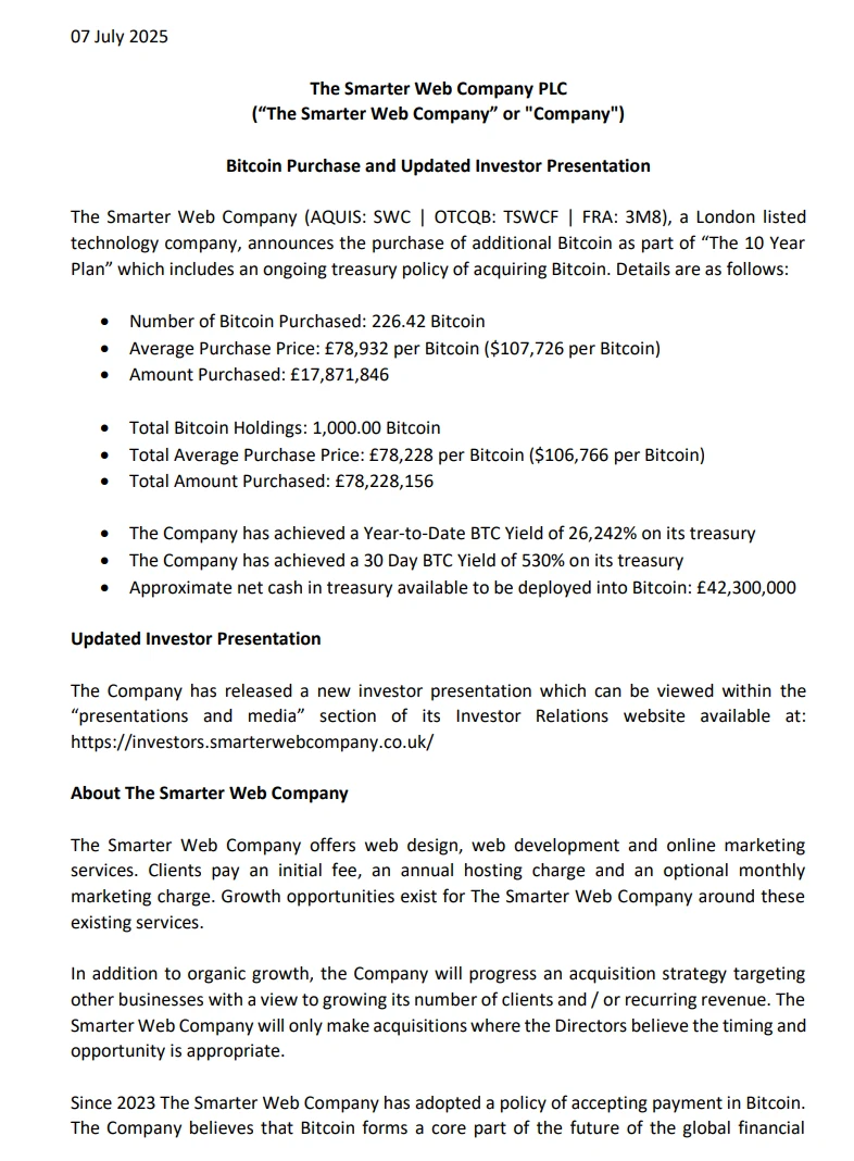 英国上市公司 Smarter Web Company 增持 226.42 枚 BTC