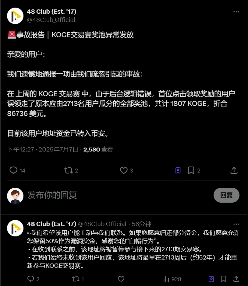 48 Club因后台错误致用户误领全部KOGE奖池