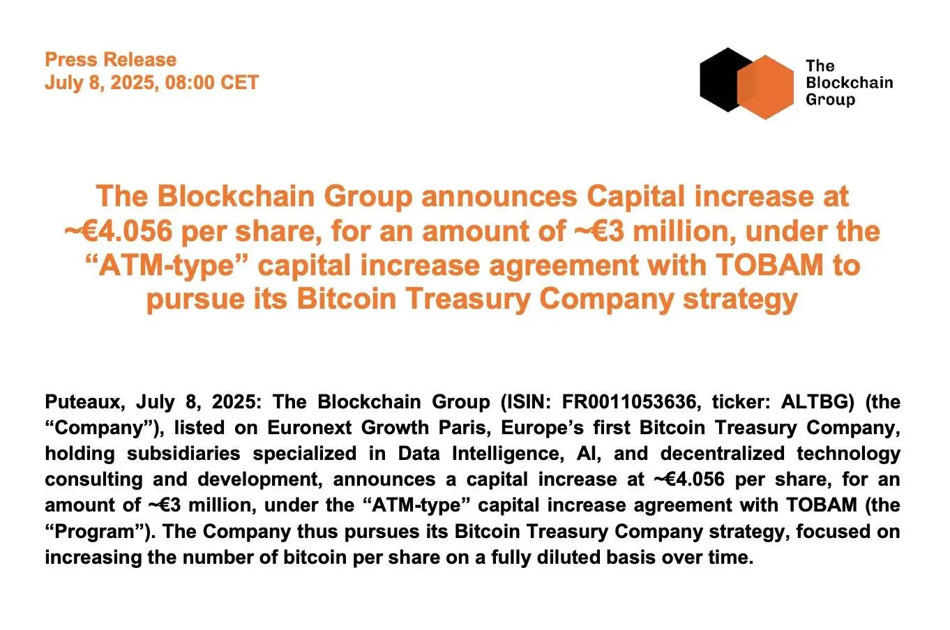 The Blockchain Group 增资300万欧元推进比特币储备战略 The Blockchain Group 增资300万欧元推进比特币储备战略