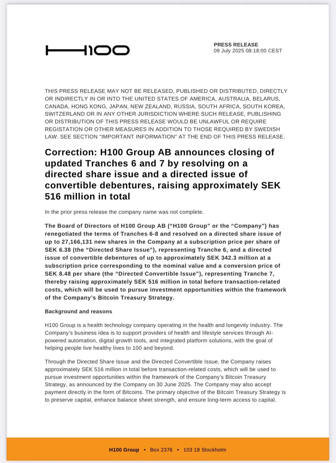 H100 Group完成5400万美元融资 用于比特币储备战略 H100 Group完成5400万美元融资 用于比特币储备战略