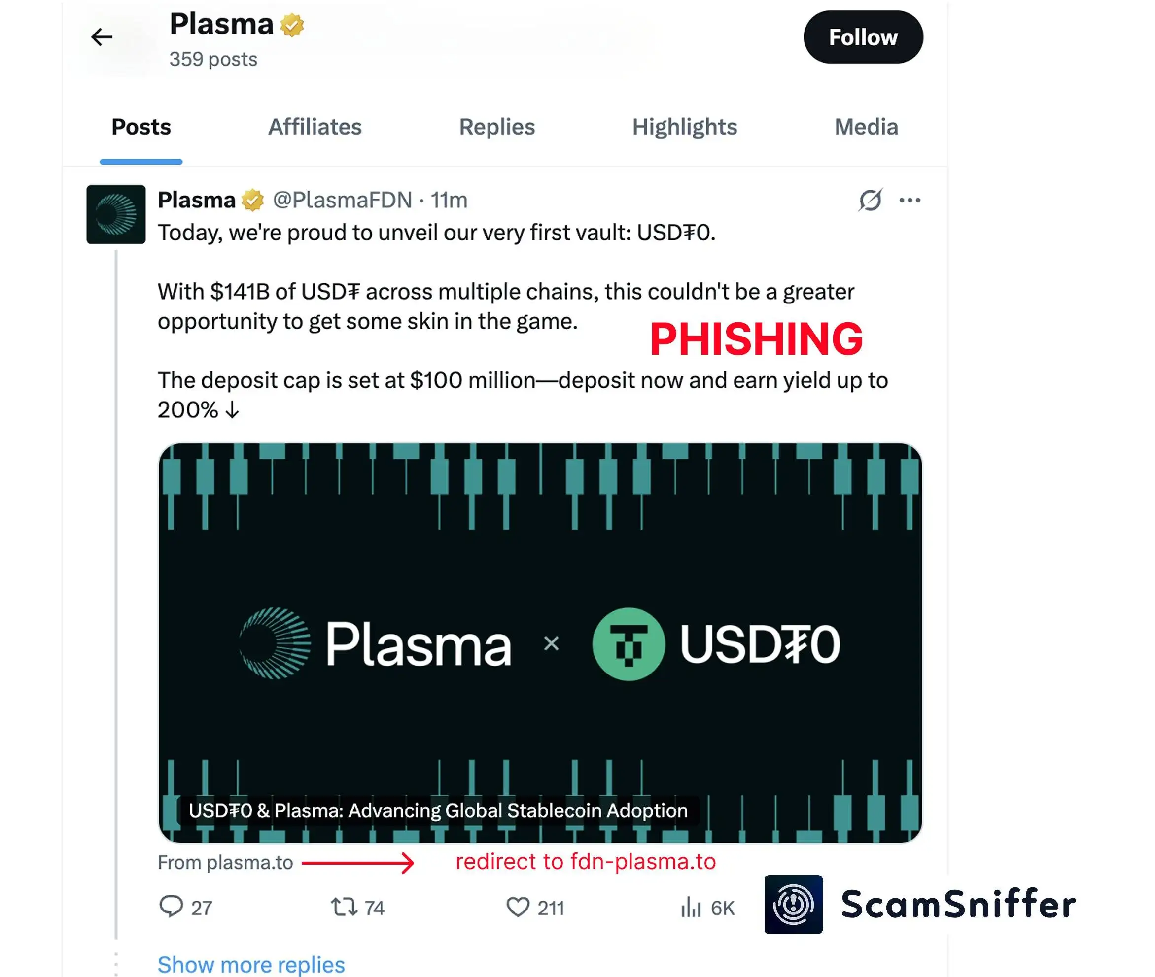 Plasma X官方账号遭入侵发布钓鱼推文 Scam Sniffer警示