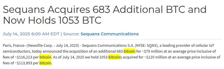 Sequans增持683枚比特币