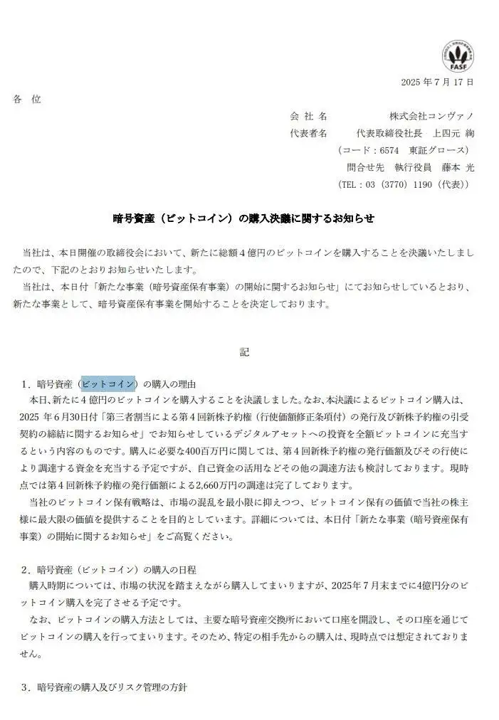 日本上市公司Convano启动比特币储备战略,计划7月购入270万美元BTC 日本上市公司Convano启动比特币储备战略,计划7月购入270万美元BTC