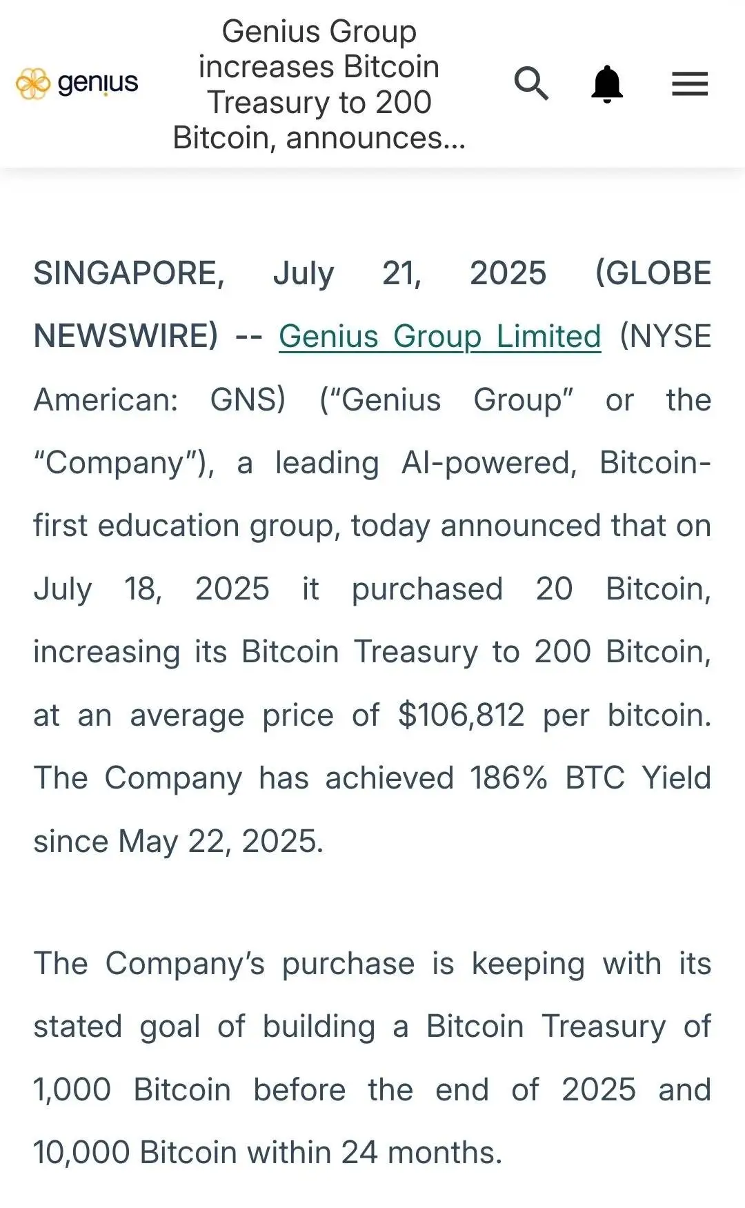 Genius Group 再度增持 20 枚比特币至 200 枚持仓