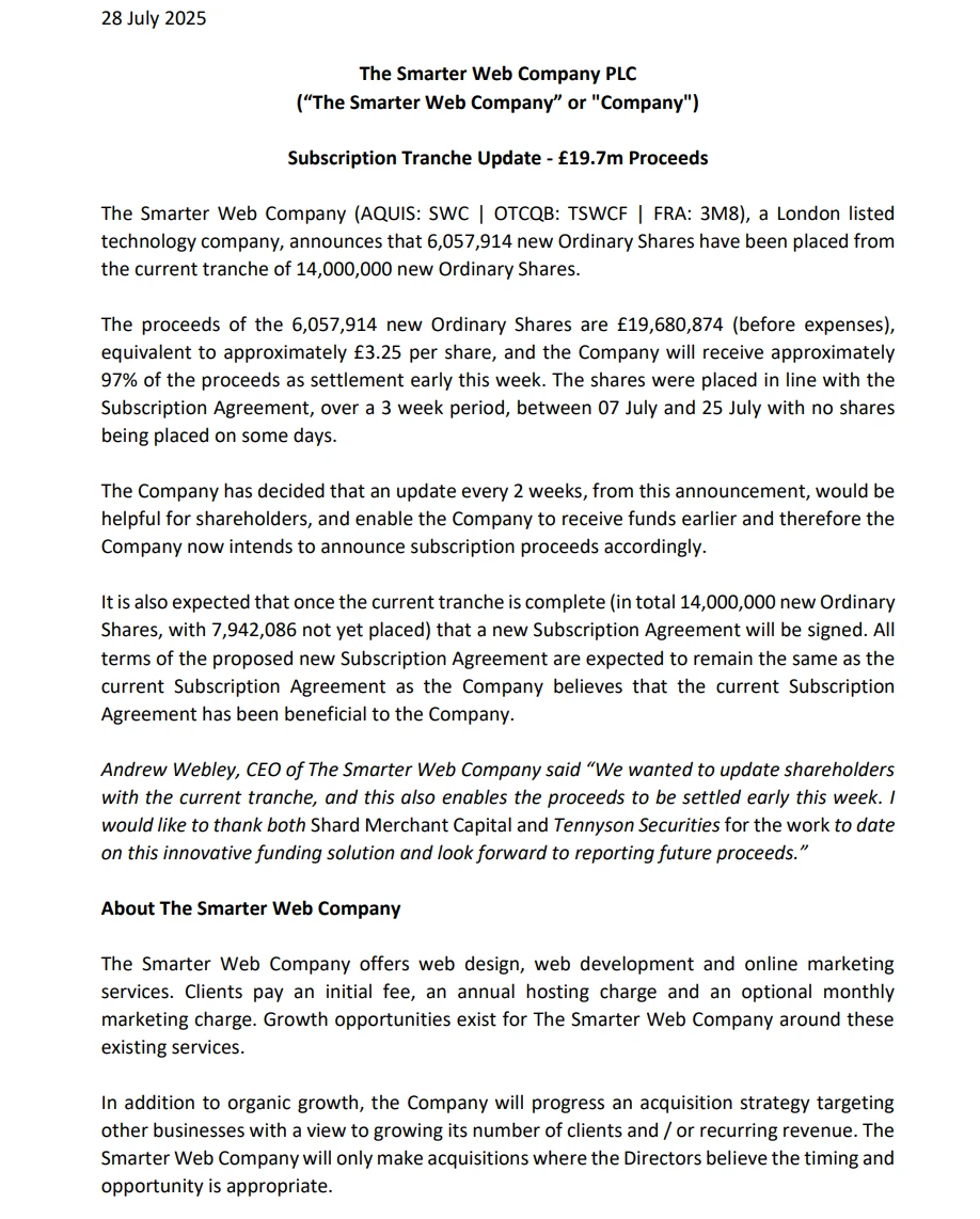 The Smarter Web Company完成605万英镑股票配售