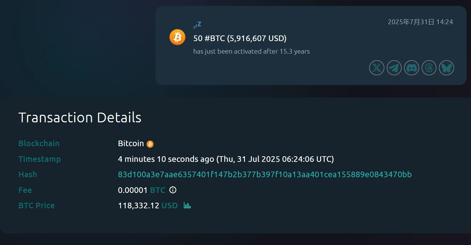 沉睡15年比特币钱包被激活 持有50枚BTC