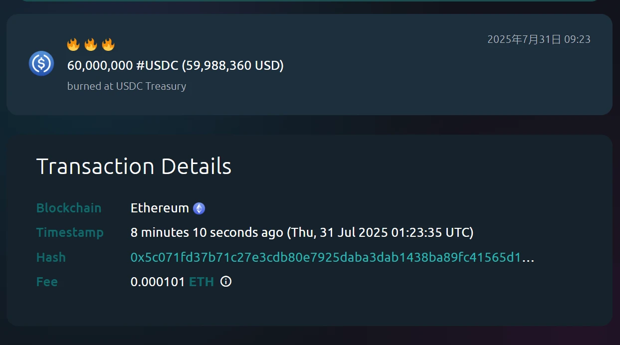 USDC Treasury以太坊链销毁6000万USDC，价值约5998万美元