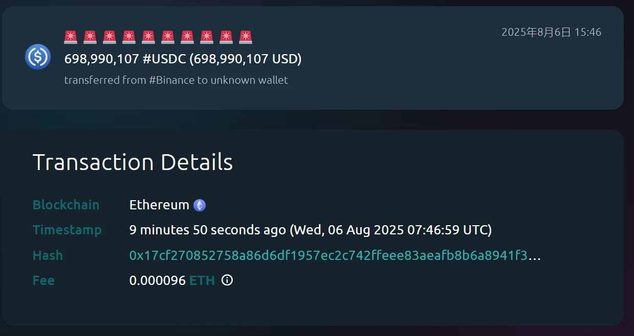 Whale Alert监测到币安大额USDC转账至未知钱包 Whale Alert监测到币安大额USDC转账至未知钱包