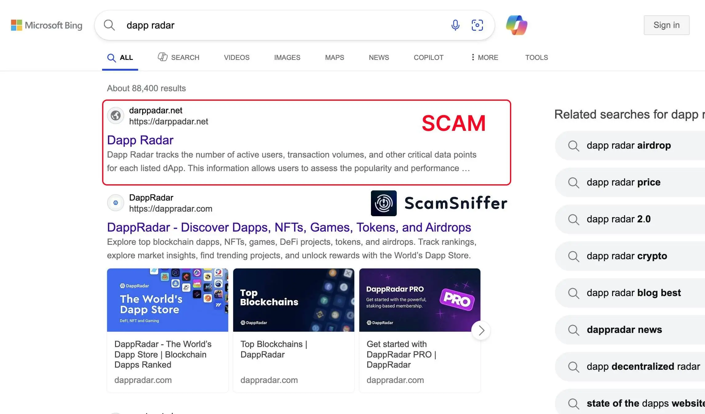 必应搜索DappRadar关键词现钓鱼网站居首 Scam Sniffer警示风险