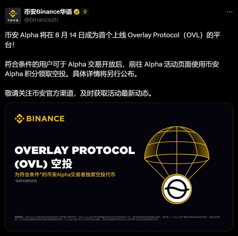 币安 Alpha 将于 8 月 14 日全球首发上线 Overlay Protocol(OVL) 币安 Alpha 将于 8 月 14 日全球首发上线 Overlay Protocol(OVL)