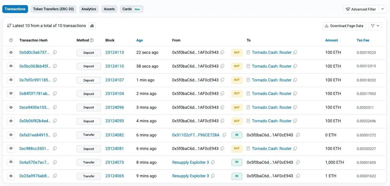 PeckShield监测到ResupplyFi Exploiter 3地址转移430万美元并启动资金清洗