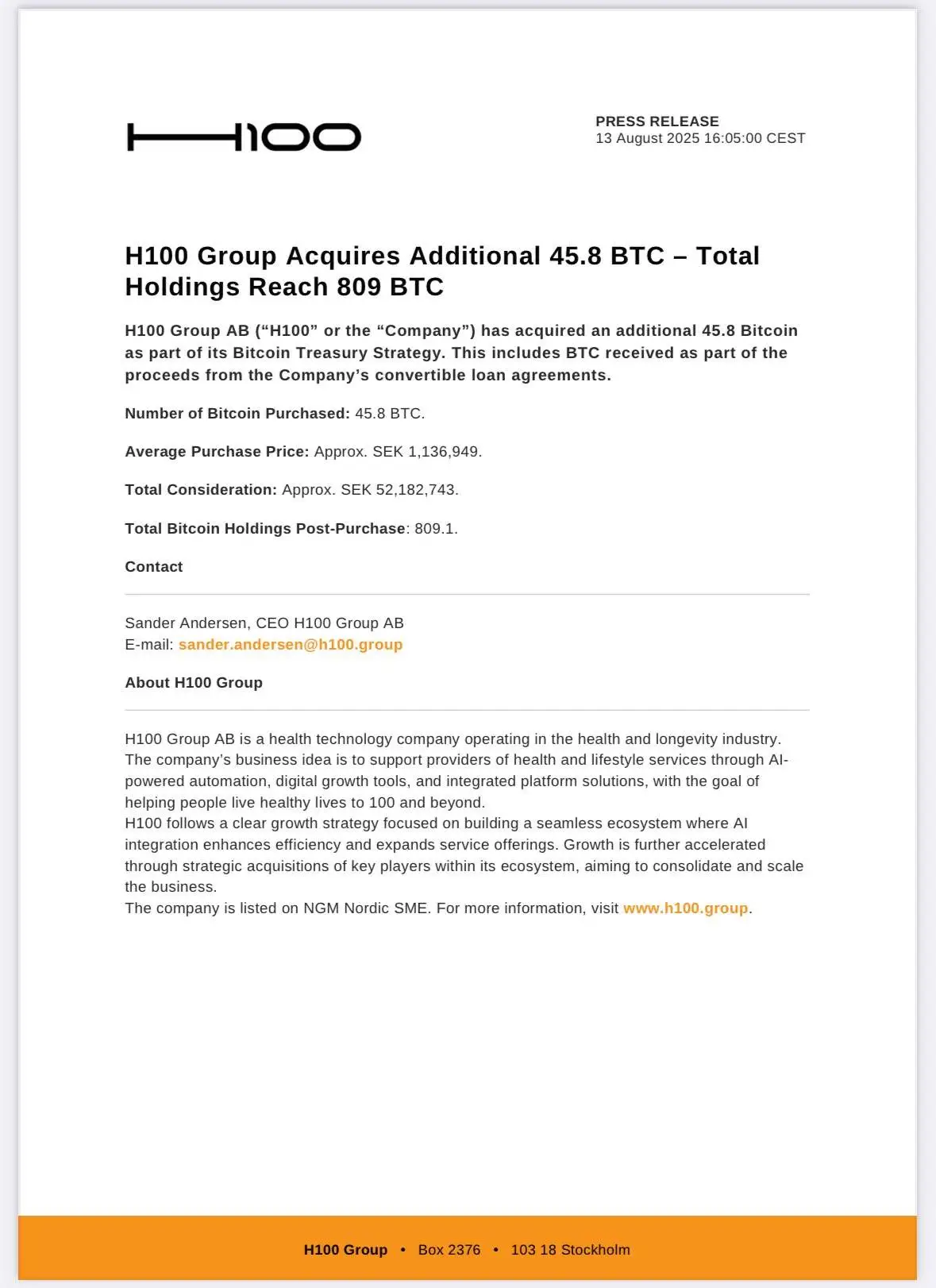 瑞典上市公司H100 Group增持45.8枚比特币 总持仓达809枚