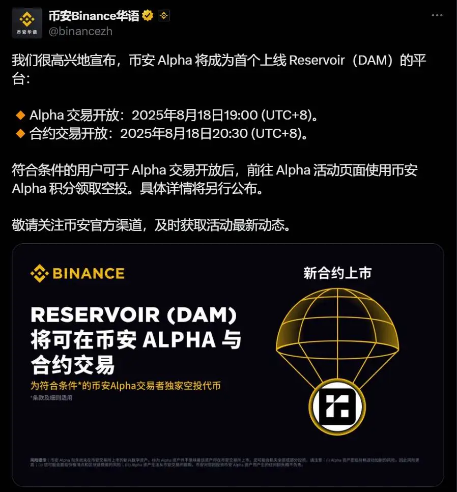 币安Alpha将成首个上线Reservoir（DAM）的平台 8月18日开启现货及合约交易