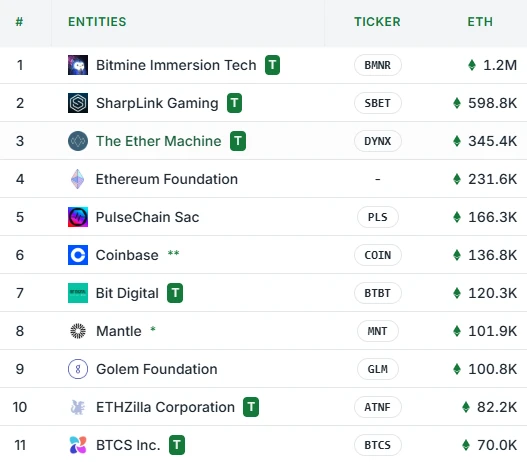 ETHZilla以太坊持仓量跃居全球第10位
