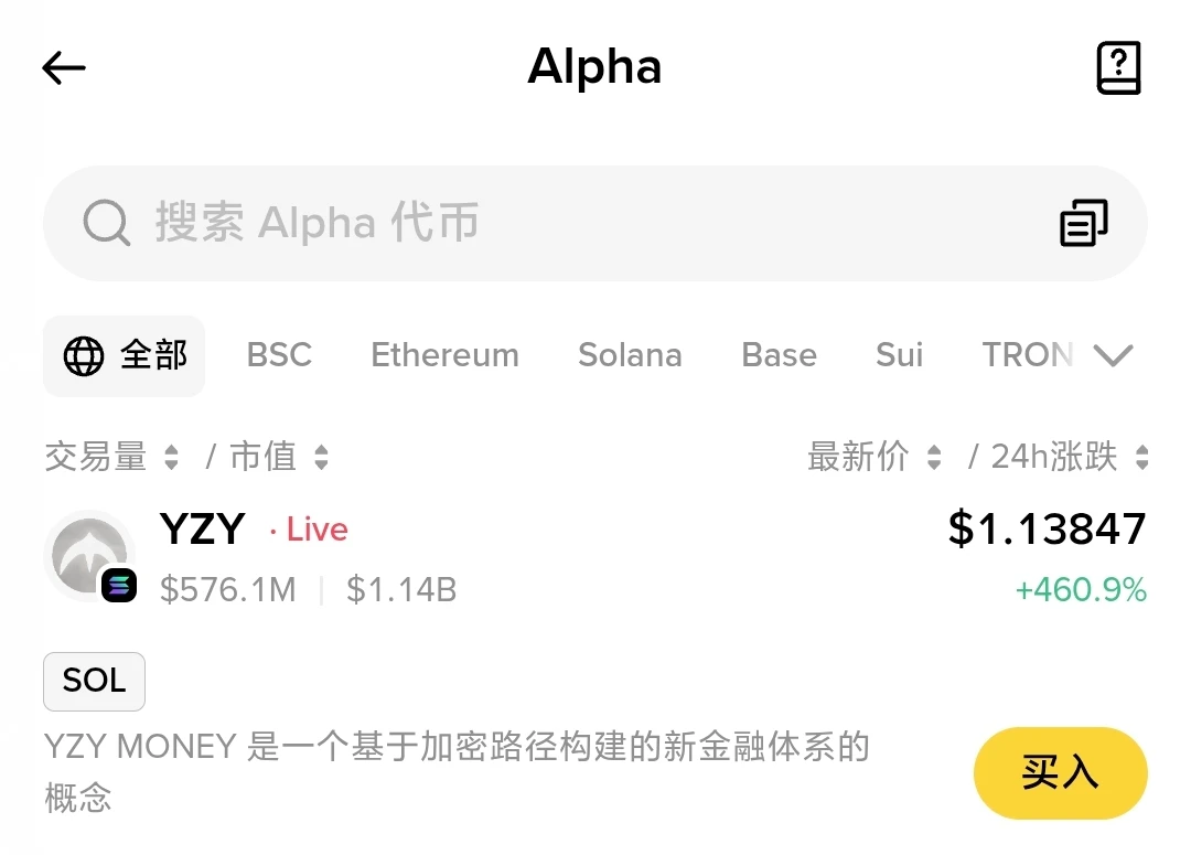 YZY代币正式上线Binance alpha平台