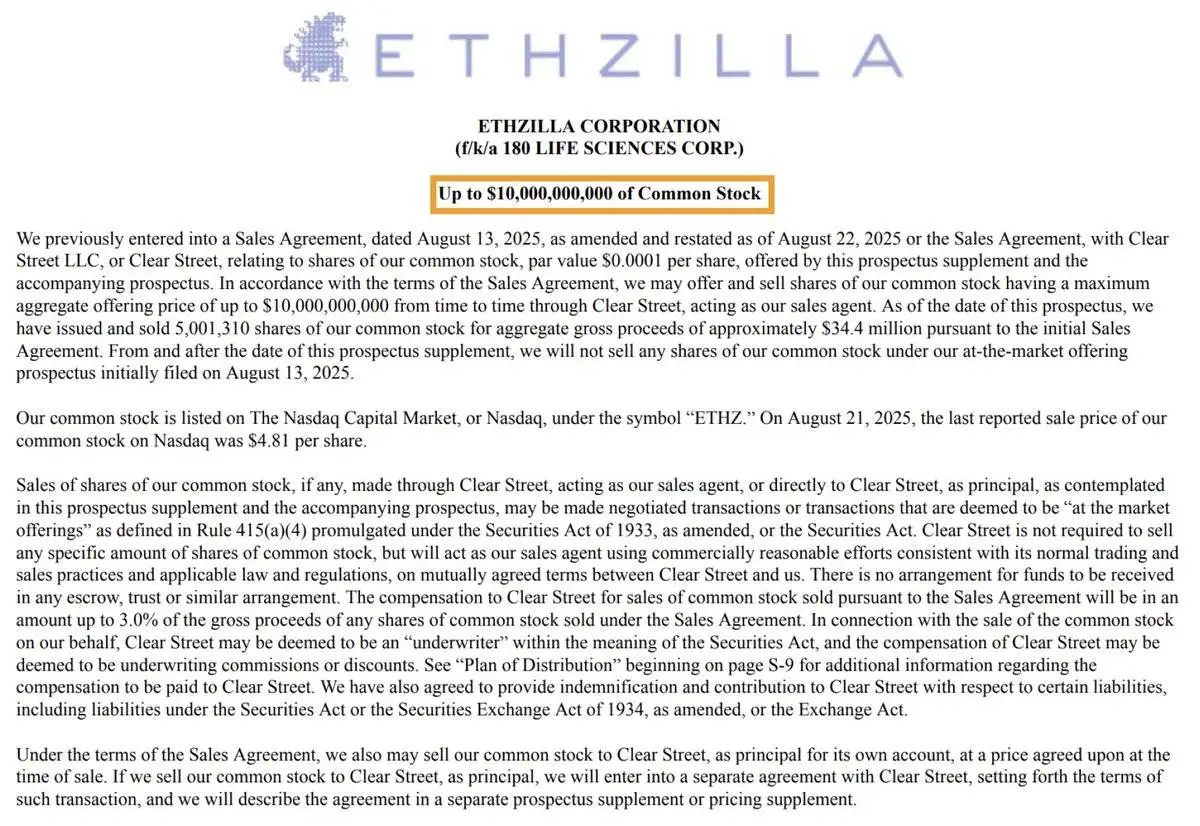 ETHZilla修订证券协议募资100亿美元用于增持ETH