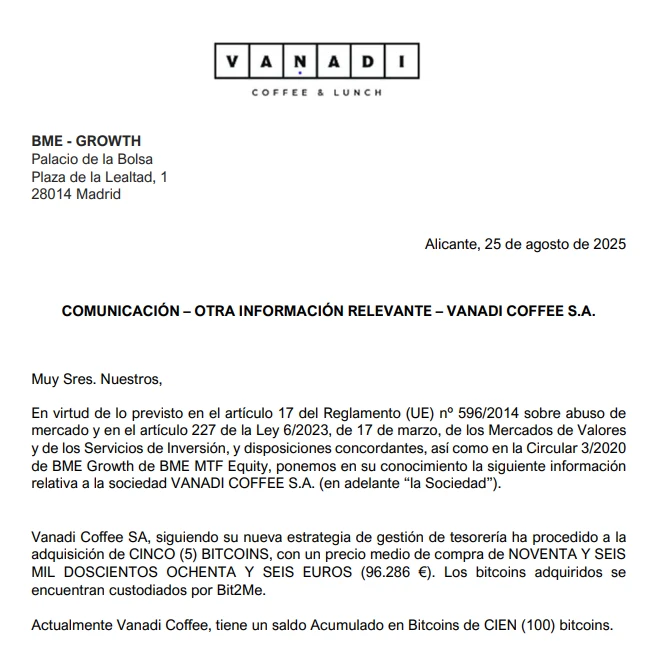 西班牙咖啡连锁品牌Vanadi Coffee比特币持仓增至100枚