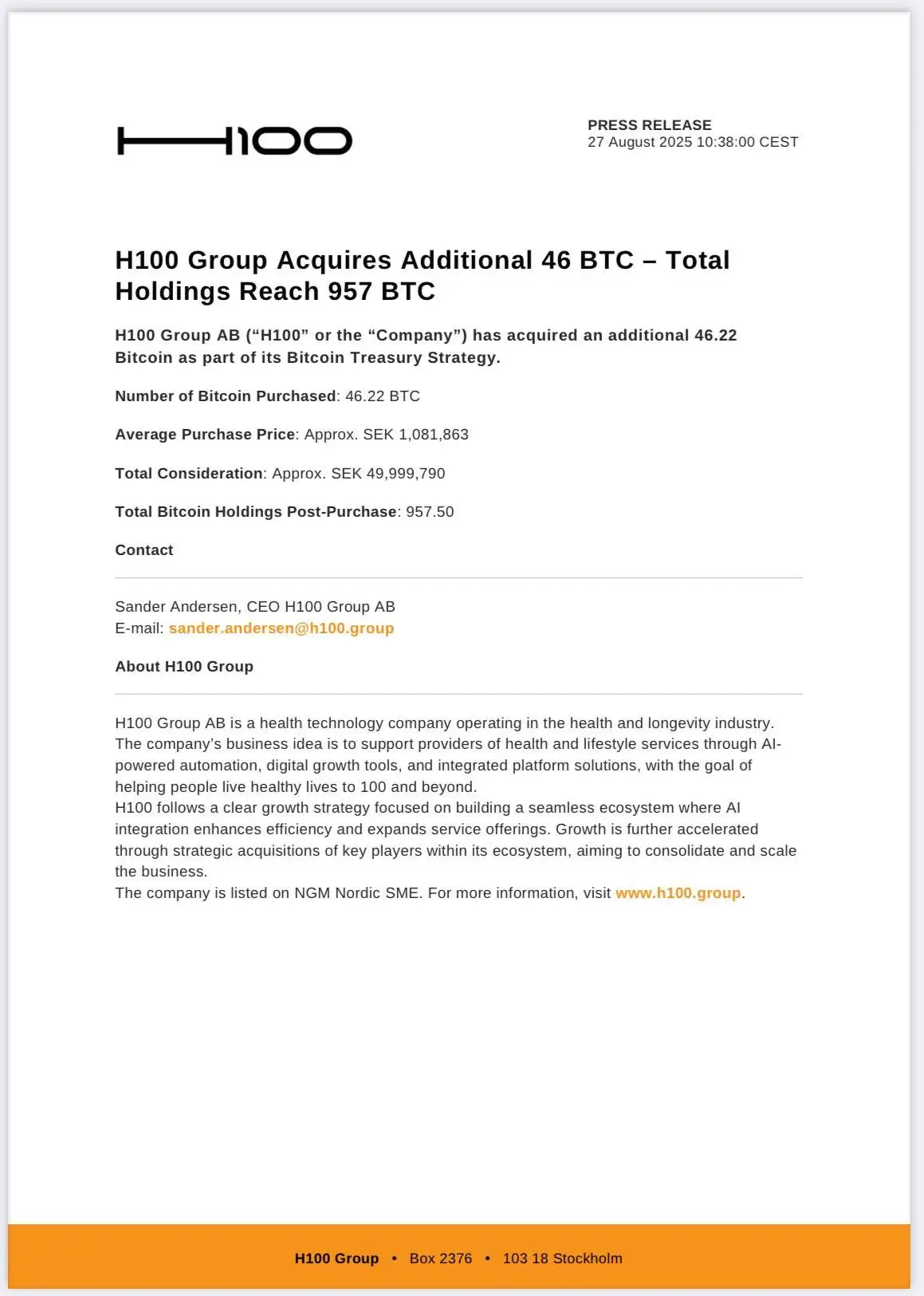 瑞典H100 Group增持46枚比特币 总持仓达957枚 瑞典H100 Group增持46枚比特币 总持仓达957枚