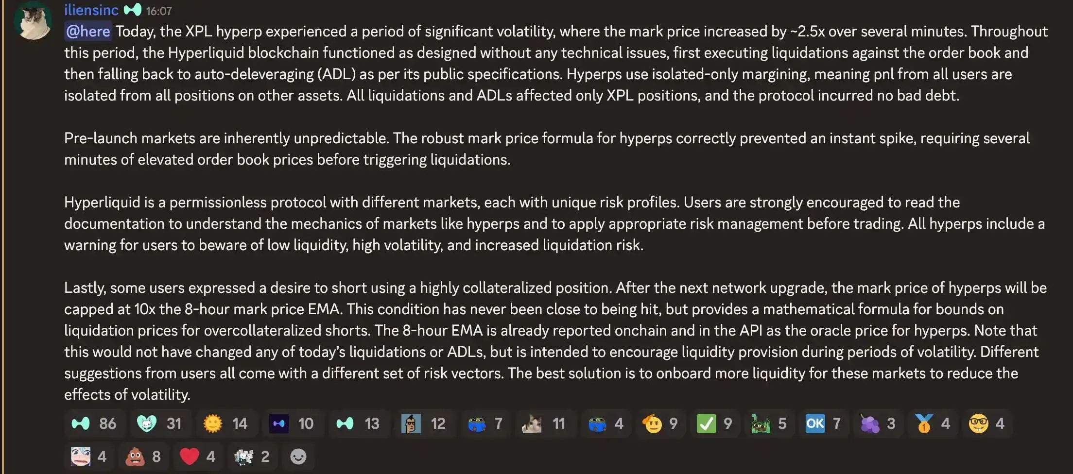 Hyperliquid回应XPL套保狙击事件:否认漏洞并计划升级限制价格波动 Hyperliquid回应XPL套保狙击事件:否认漏洞并计划升级限制价格波动