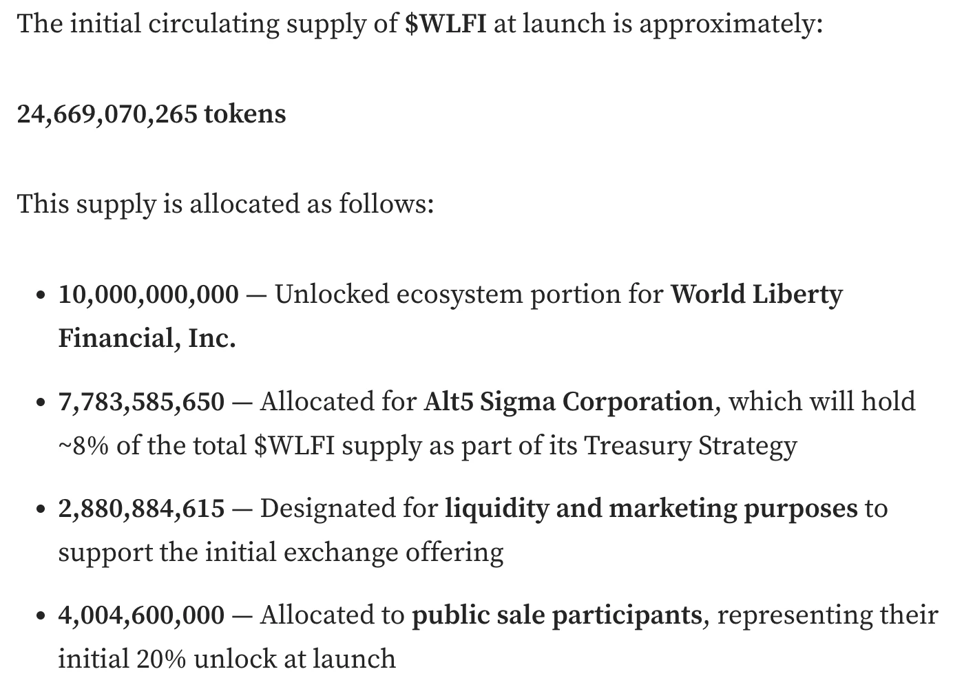 World Liberty Financial公布代币发行计划 初始流通量246.69亿枚