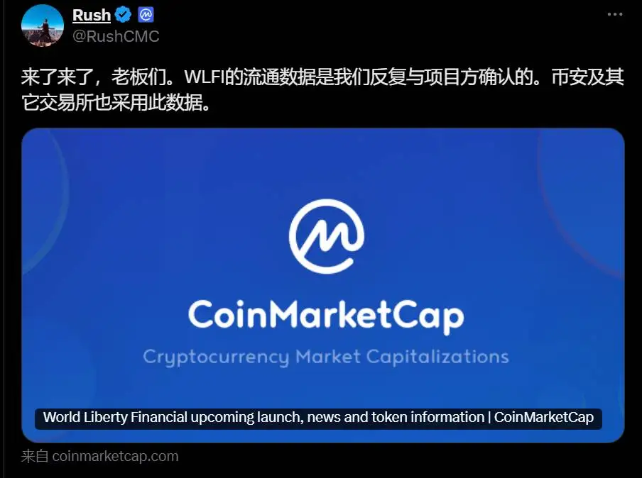 CoinMarketCap确认WLFI流通数据 币安等交易所采用