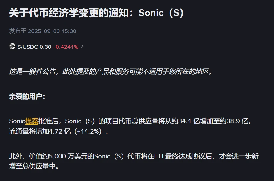 Binance调整Sonic代币供应量及ETF协议新增代币计划