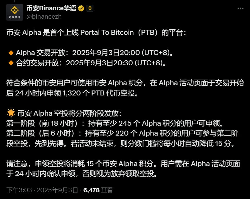 币安Alpha成首个上线Portal To Bitcoin（PTB）交易平台 空投1320枚代币分阶段发放