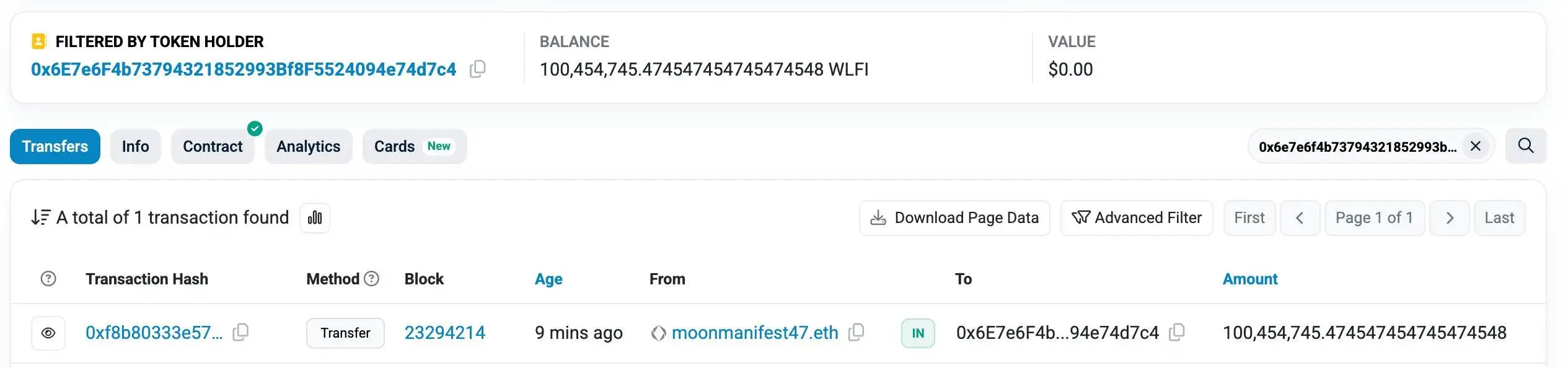 链上数据显示moonmanifest47.eth向新地址转移1亿WLFI代币 链上数据显示moonmanifest47.eth向新地址转移1亿WLFI代币
