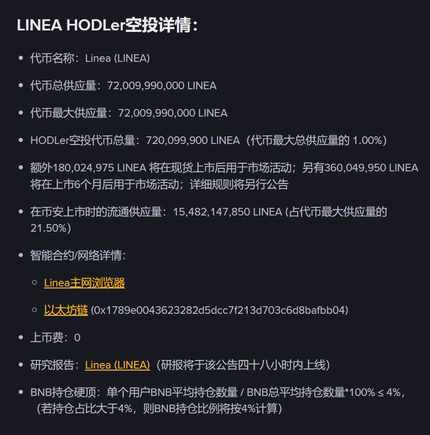 币安上线第37期HODLer空投项目LINEA，支持多交易对及种子标签机制