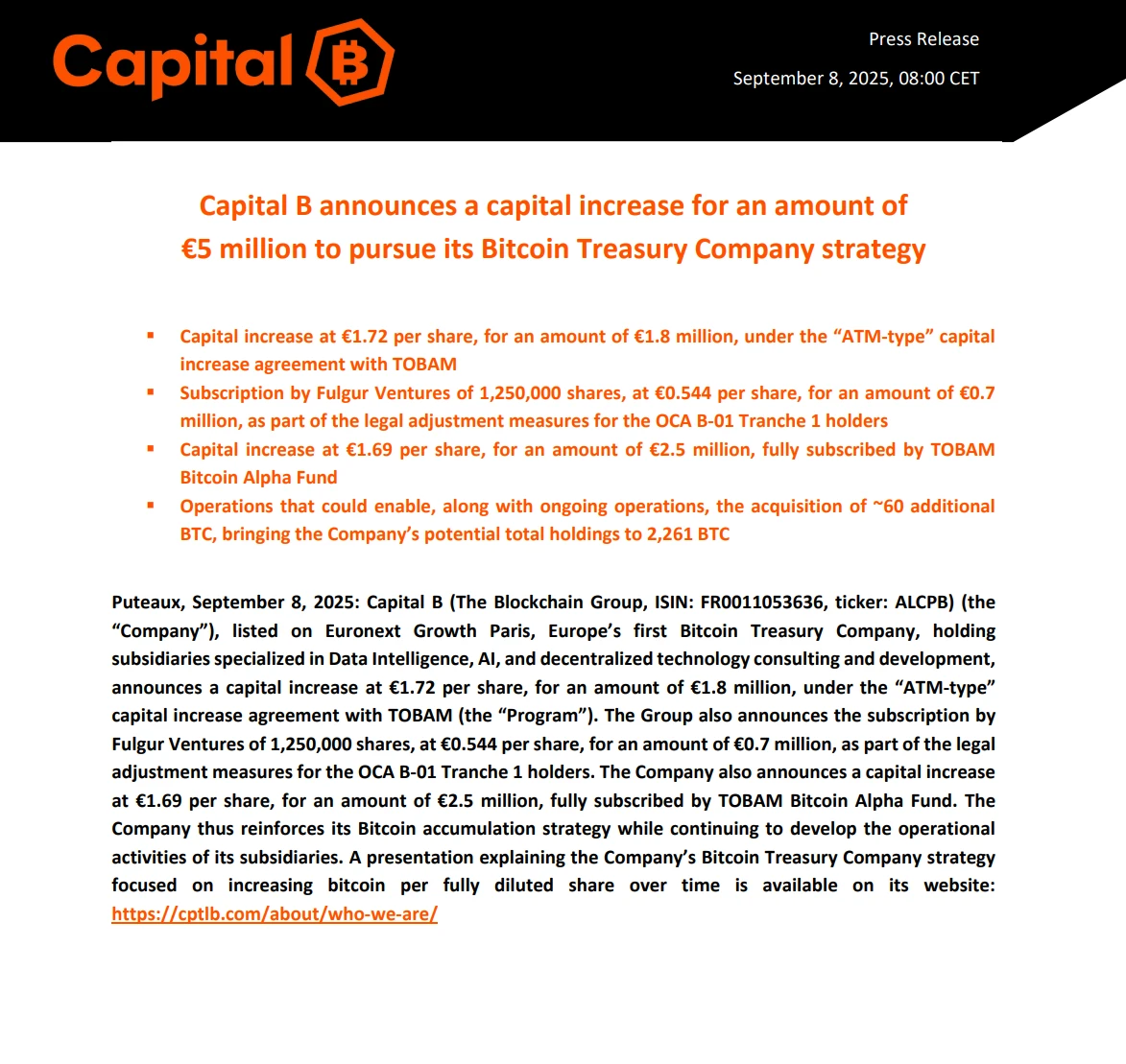 法国上市公司Capital B完成580万美元融资以增持比特币储备