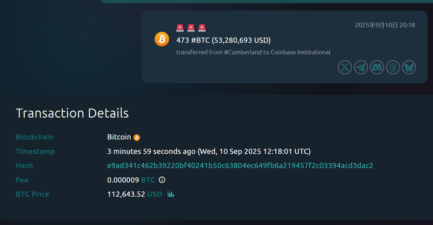 9月10日473枚BTC从Cumberland钱包转移至Coinbase Institutional平台
